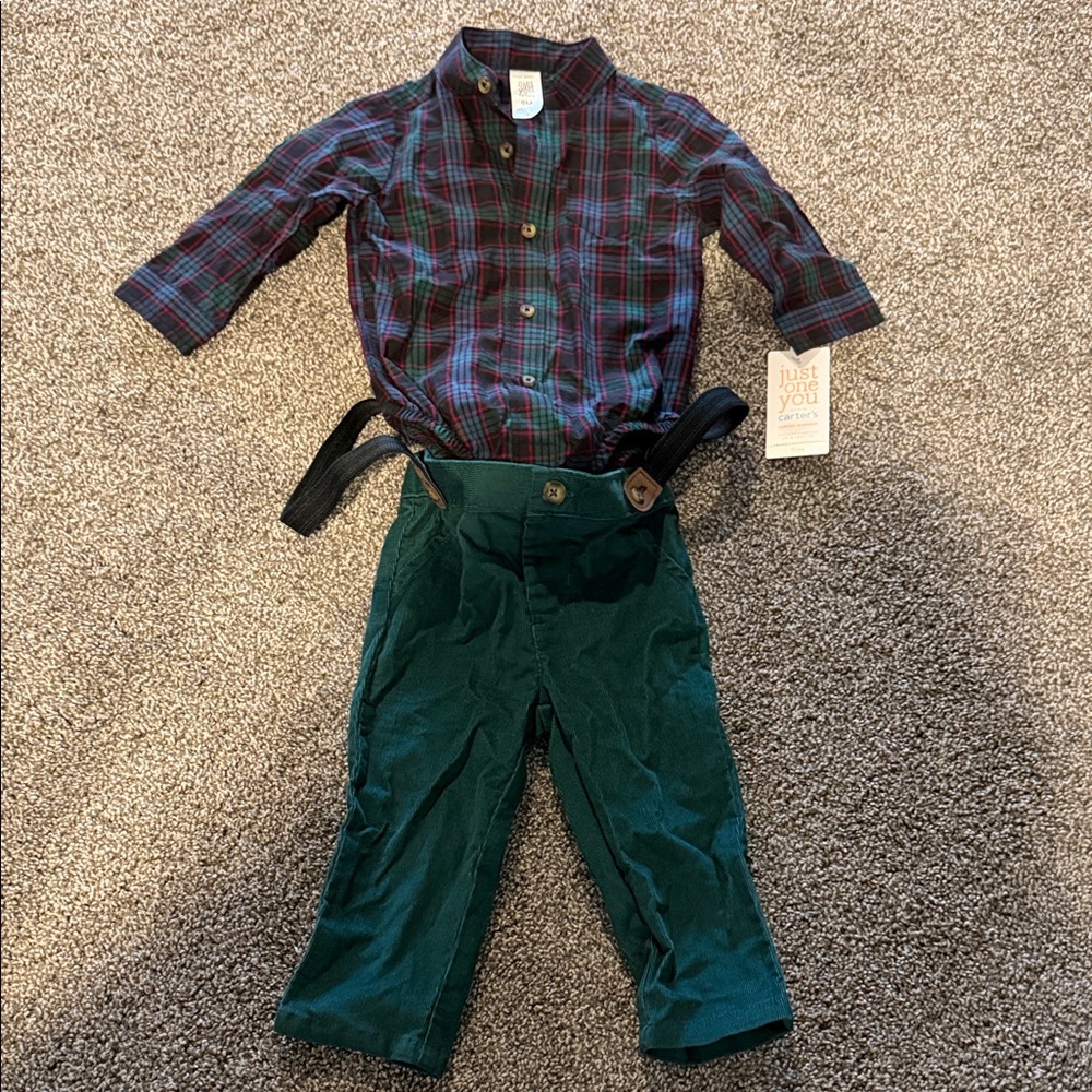 Plaid Shirt and Green Pants Kids Matching Set